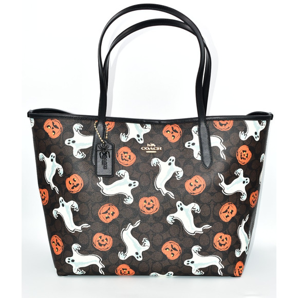 Coach City Tote Bag In Signature Canvas With Halloween Print Pumpkin Ghost NWT - Picture 1 of 16